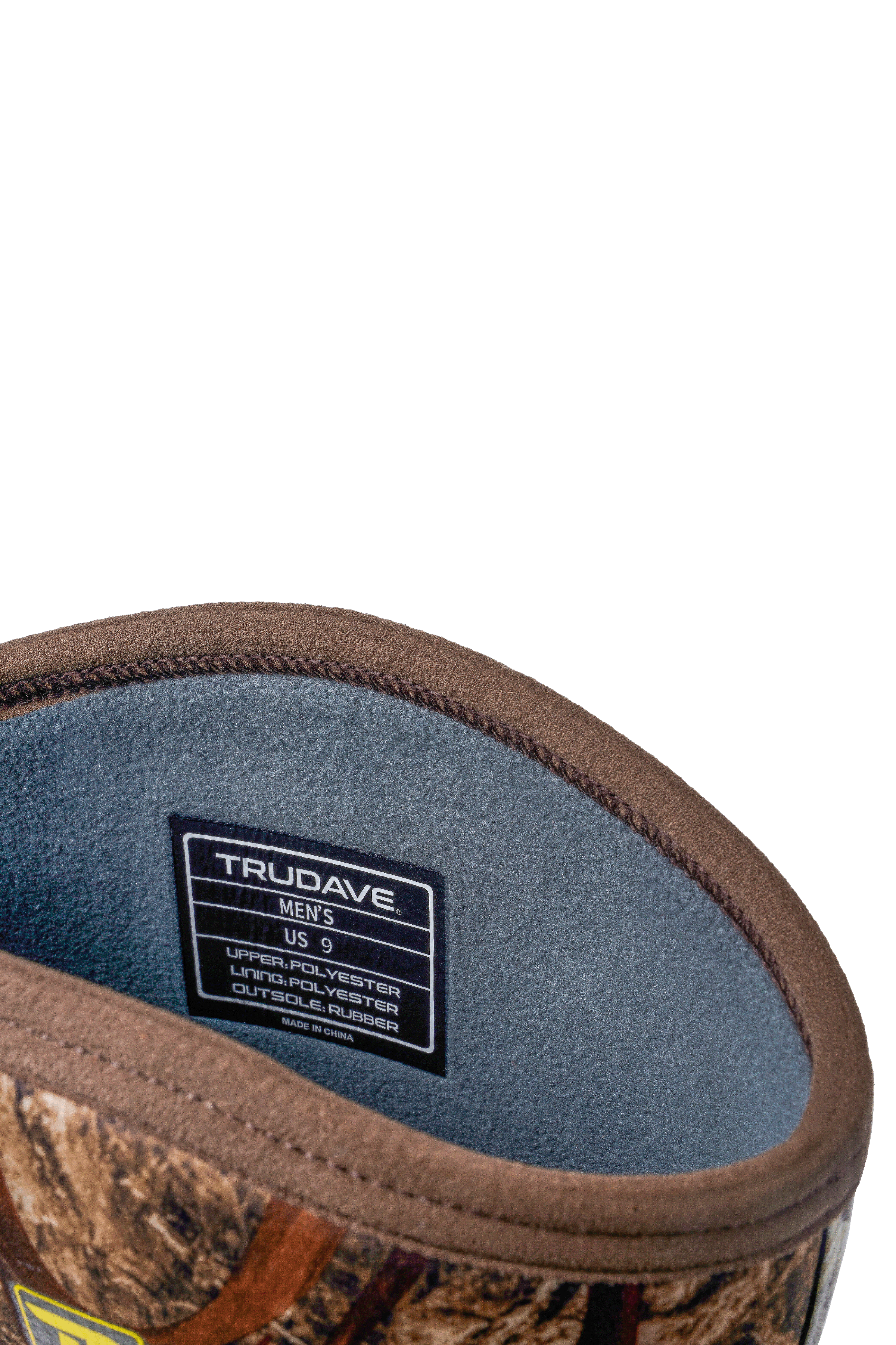 alt="Close-up of the boot opening of Trudave TrailGuard Series men’s tall waterproof insulated hunting boots in Reed Grass color showing reinforced collar, pull loop, and insulated inner lining for warmth, comfort, and waterproof protection during outdoor hunting"